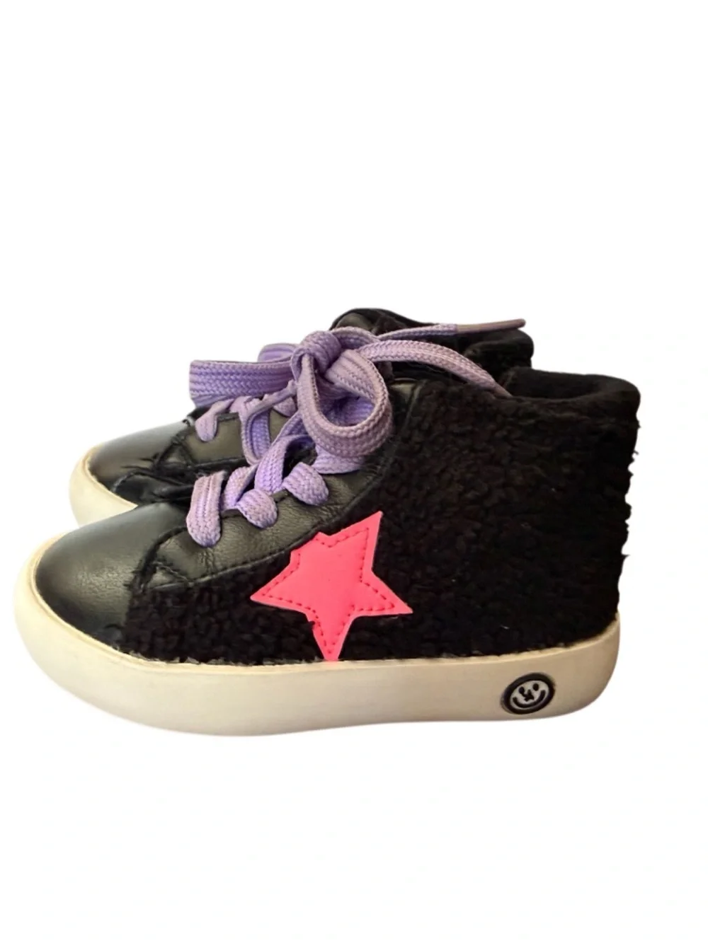 Lola + the Boys Black Sherpa High-Top Sneakers w Pink Star -Size 6